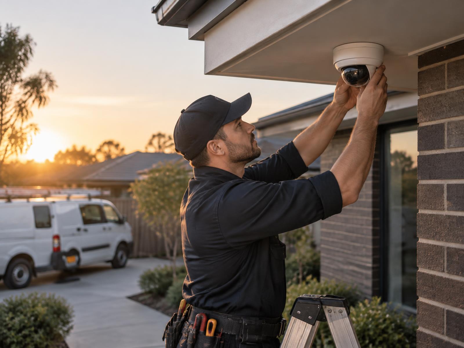 ProShield technician installing a security camera on a Melbourne home